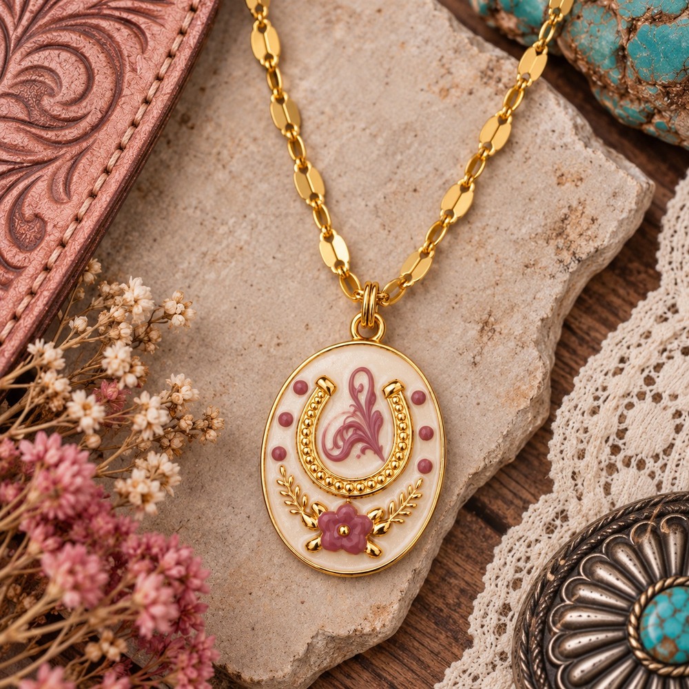 Western Horseshoe Necklace Gold Plated Stainless Steel Pink Enamel Cowgirl